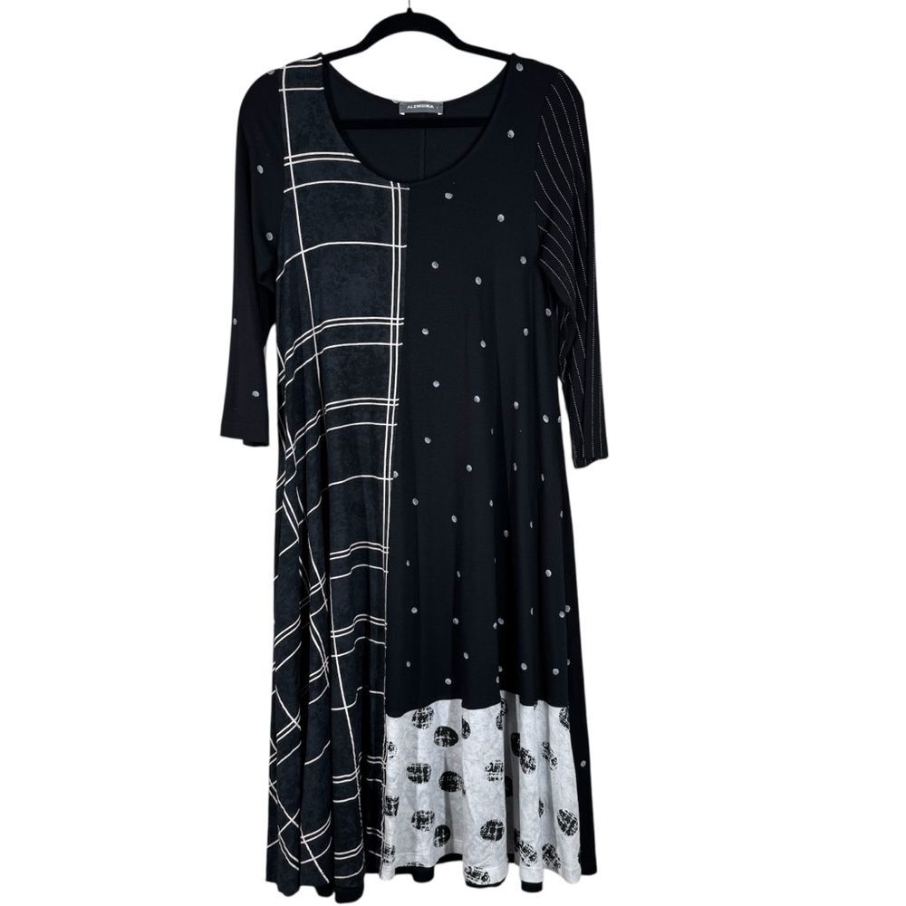 Alembika Mix Media A-Line Dress Viscose Jersey Knit Black White Geometric Size 3